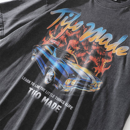 Mens Loose Casual Flame Car Graphic Short Sleeve T-Shirt