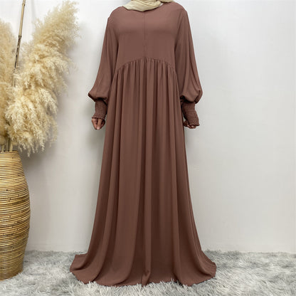 Muslim Simple Solid Color Pleated Elastic Chiffon Dress