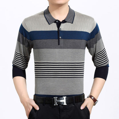 Men's Short Sleeve T-shirt Lapel Striped Middle-aged Dad T-shirt Knitted T-shirt