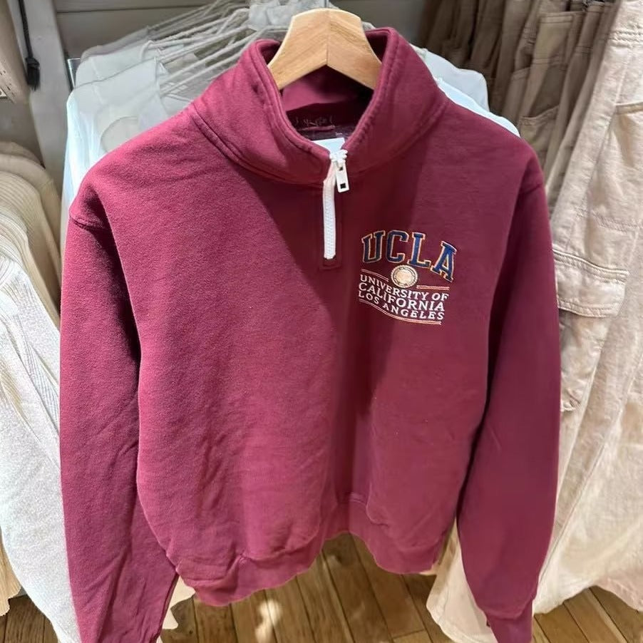 Casual All-match Wine Red Half Zipper Terry Pullover Sweater