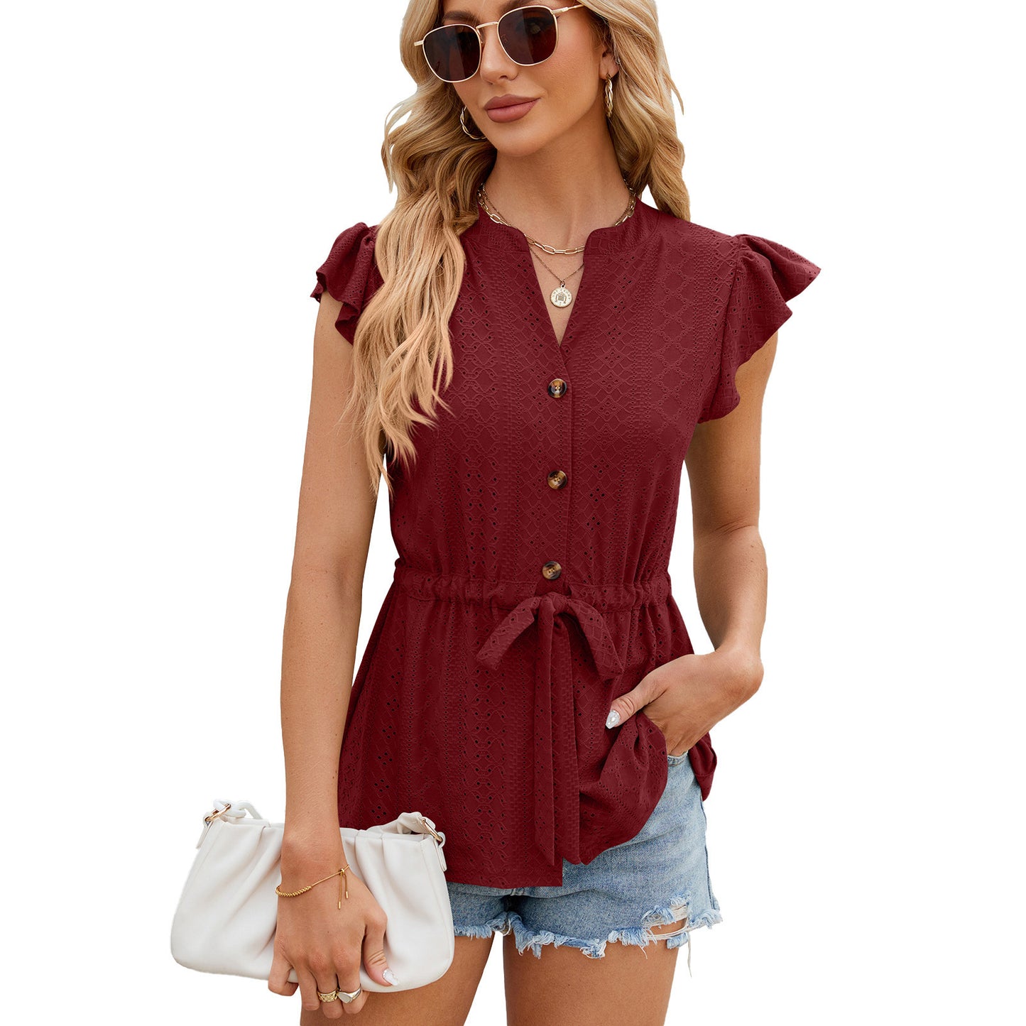 Solid Color Buttons Lace-up Loose T-shirt Cardigan