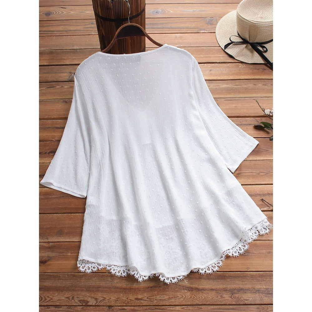 Women's Jacquard Pleated Lace Hollow Out V-neck Shirt