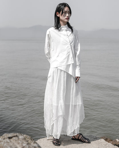 Dark Design White Shirt Asymmetric Niche Irregular Cotton Shirt