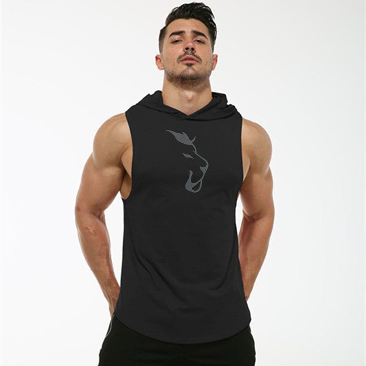 European And American Summer Hooded Curved Hem Elastic And Sweat-absorbing Wolf Head Printed Vest