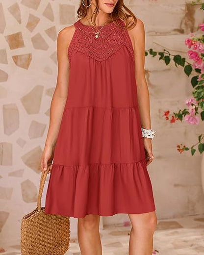 Summer Halterneck A-line Dress With Flower Hollow Lace Design Casual Loose Vacation Beach Dresses For Womens Clothing