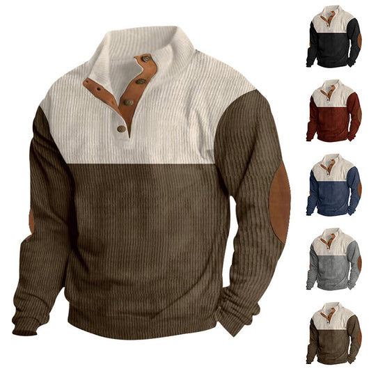 Casual Button Stand-collar Long Sleeve Pullover Sweatshirt For Men Fashion Colorblock Design Loose Tops