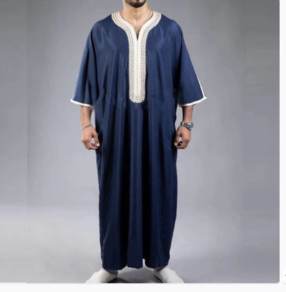 Arabic Robe Mid Short Sleeve Embroidered Navy Blue Men