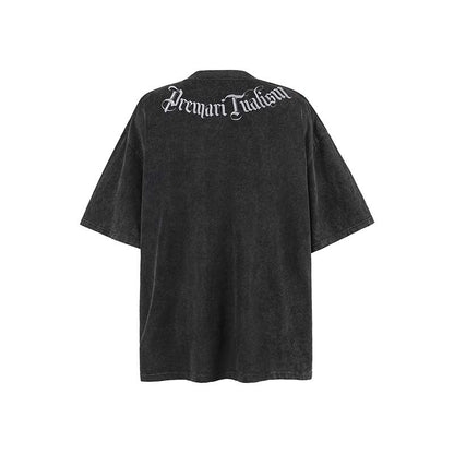 American Retro Washed Distressed Gothic Letter Embroidered Crew Neck Short Sleeve T-shirt For Men