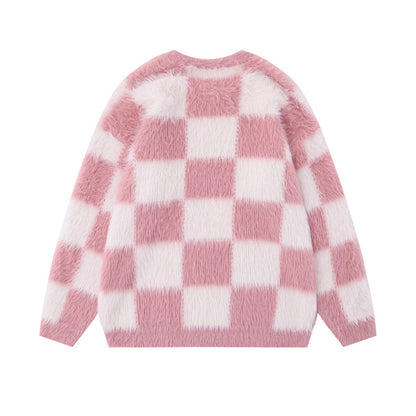 National Fashion Street Creativity Design Chessboard Round Neck Sweater