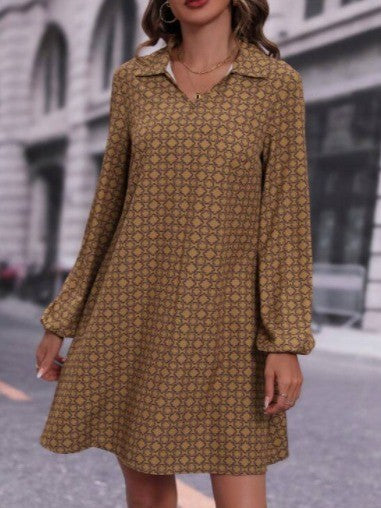 Long Sleeve Printed Polo Collar Dress Floral Dress