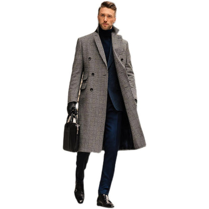 Full Wool Suit Collar Medium Length Double Breasted Checked Overcoat