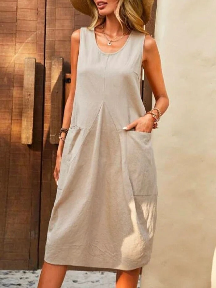 Sleeveless U-neck Dress With Pockets Design Casual Solid Color Loose Dresses Summer Fashion Womens Clothing