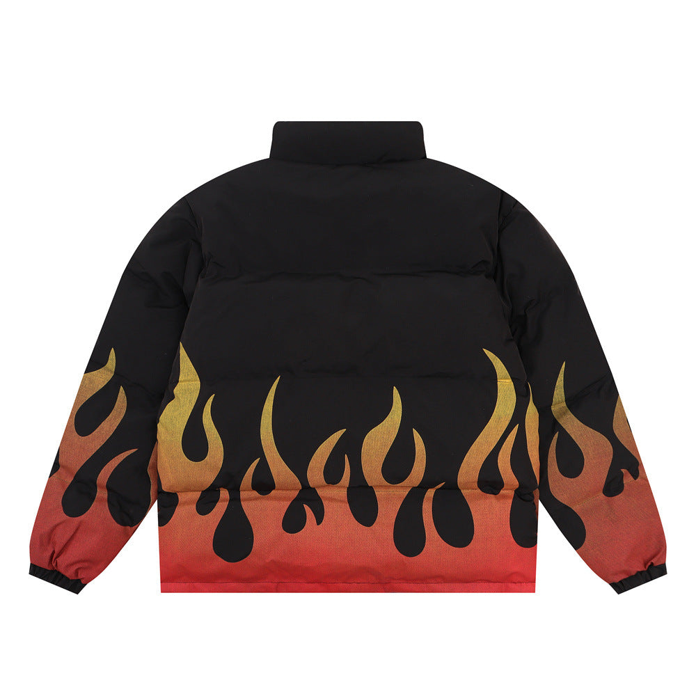 Flame Print Stand-up Collar Thick Warm-keeping And Cold-proof Men's Loose Cotton Coat Winter