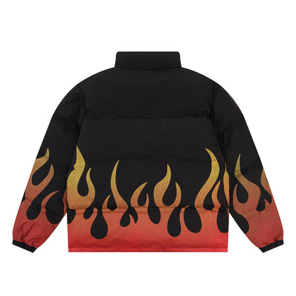 Flame Print Stand-up Collar Thick Warm-keeping And Cold-proof Men's Loose Cotton Coat Winter