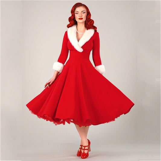 Women's Fashion Long Sleeve Wool Collar Christmas Dress