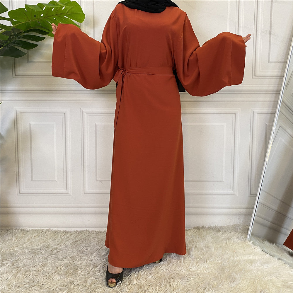 Solid Color Plus Size Lace-Up Muslim Dress - Modest Fashion