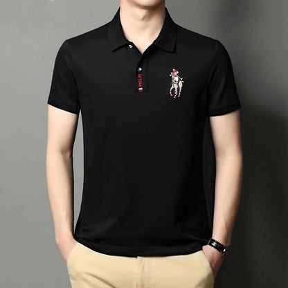 Summer Mercerized Cotton Men's Lapel Embroidery Top