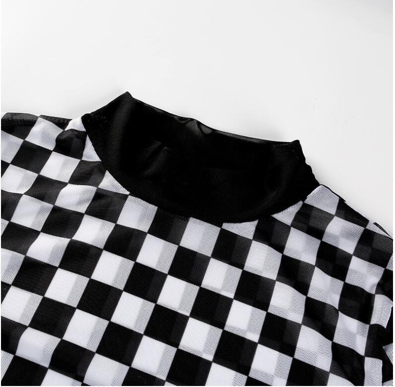 eBay2021 spring and summer explosions women's T-shirts Europe and the United States new trend mesh checkerboard perspective long-sleeved shirt women