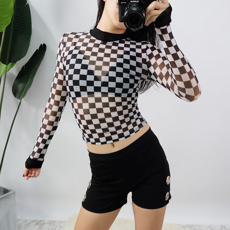 eBay2021 spring and summer explosions women's T-shirts Europe and the United States new trend mesh checkerboard perspective long-sleeved shirt women