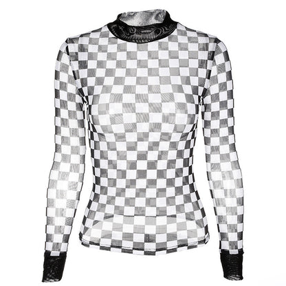 eBay2021 spring and summer explosions women's T-shirts Europe and the United States new trend mesh checkerboard perspective long-sleeved shirt women