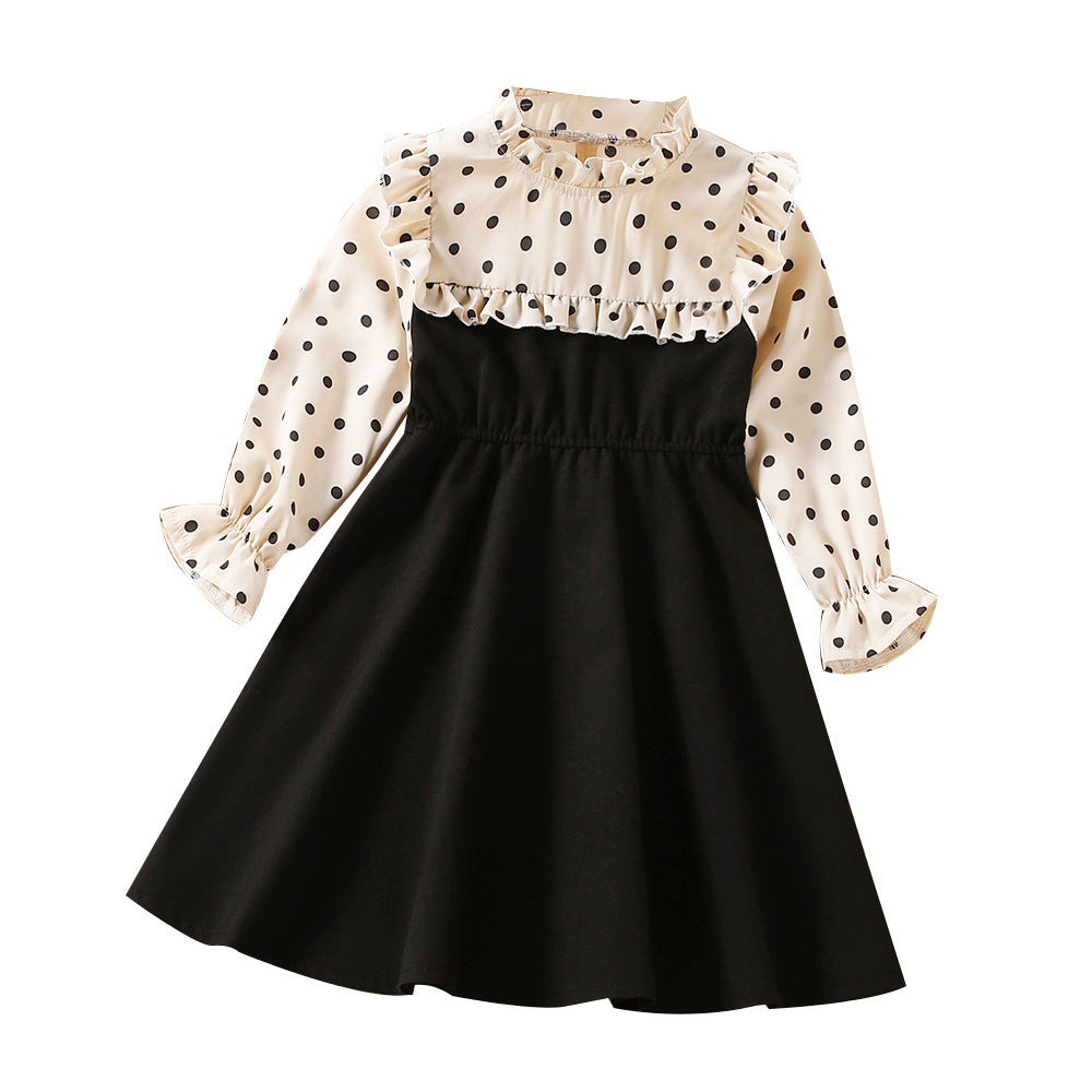 Autumn New Polka Dot Lace Collar Stitching Long Sleeve Dress