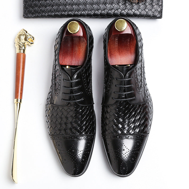 Men's New British Woven Pointed Business Leather Shoes