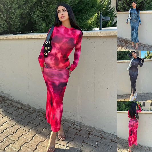 Fashion Tie-dye Long-sleeved Dress Slim Fit Hip-hugging Long Dress Womens Clothing