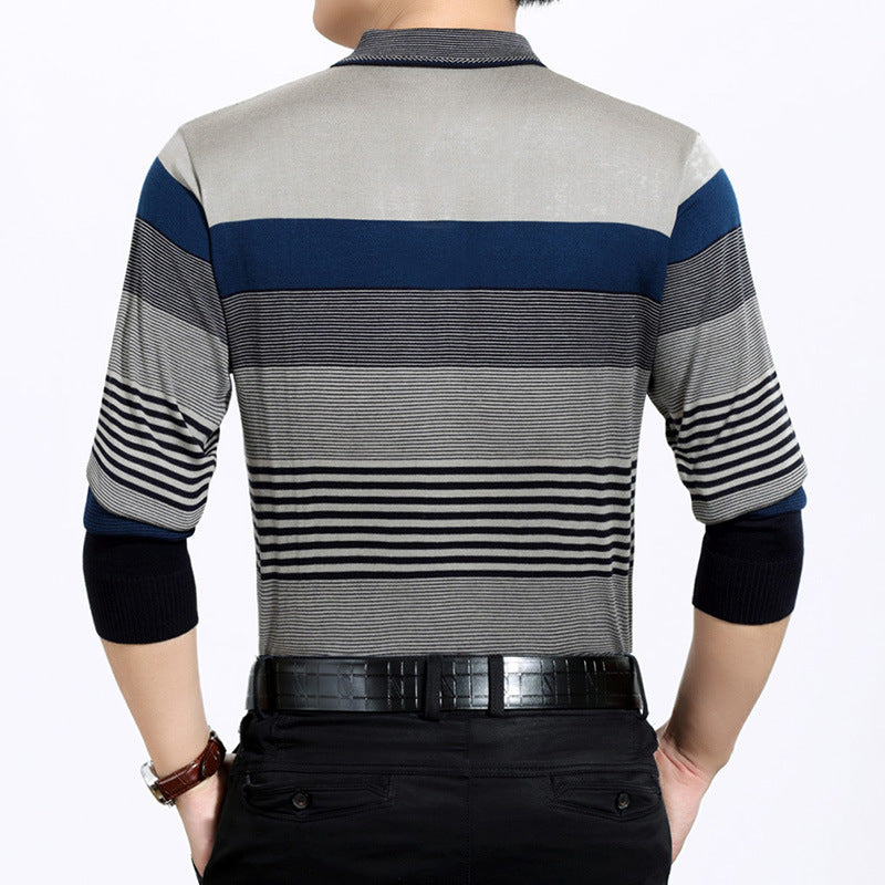 Men's Short Sleeve T-shirt Lapel Striped Middle-aged Dad T-shirt Knitted T-shirt