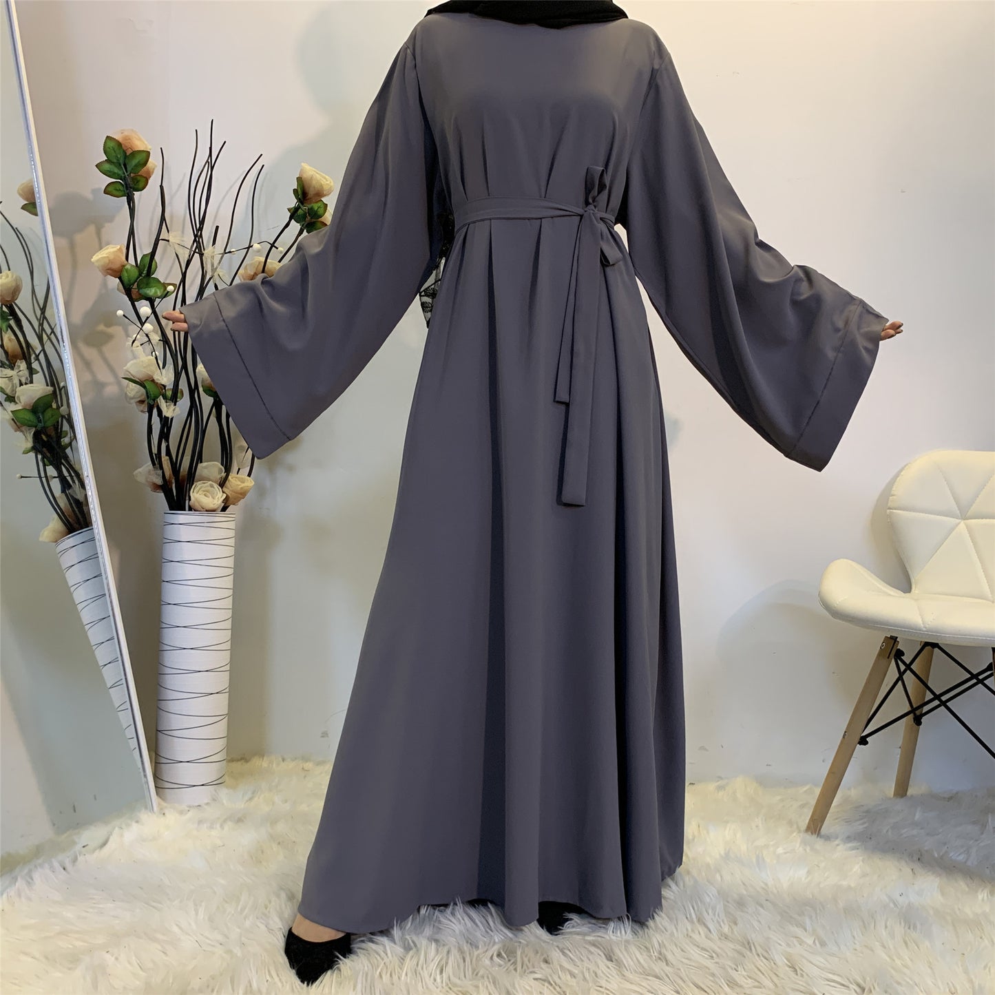 Solid Color Plus Size Lace-Up Muslim Dress - Modest Fashion