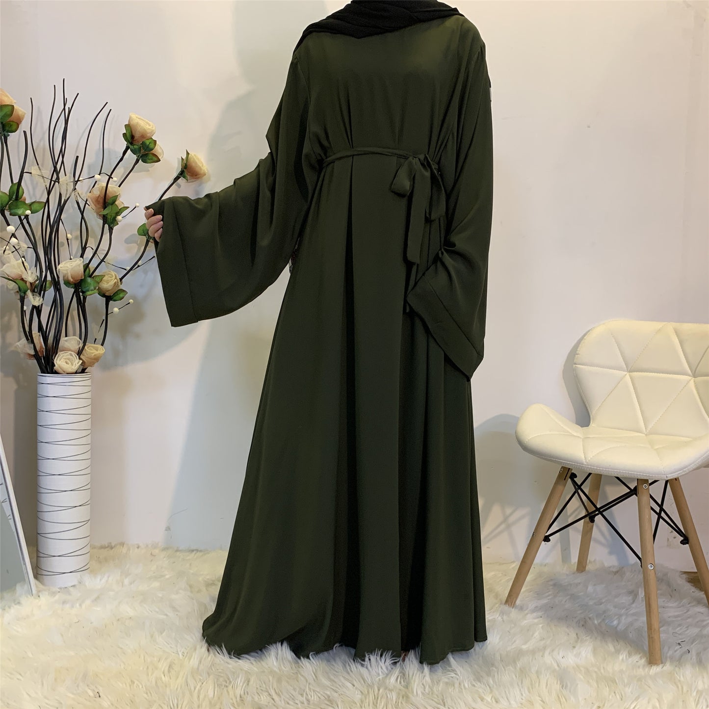 Solid Color Plus Size Lace-Up Muslim Dress - Modest Fashion