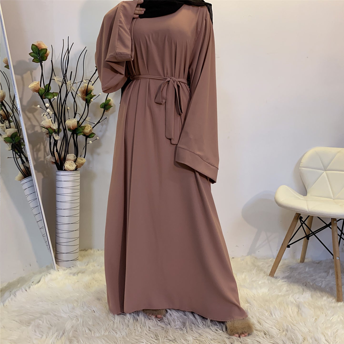 Solid Color Plus Size Lace-Up Muslim Dress - Modest Fashion