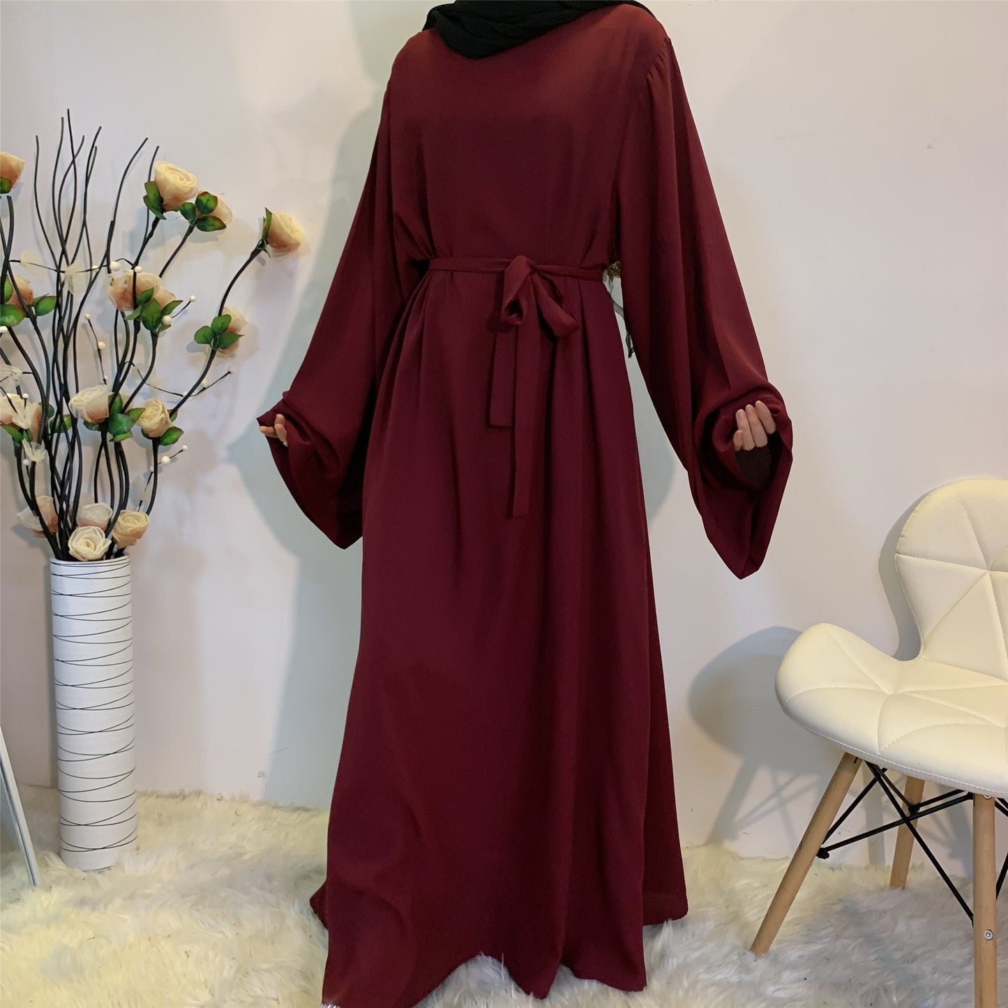 Solid Color Plus Size Lace-Up Muslim Dress - Modest Fashion