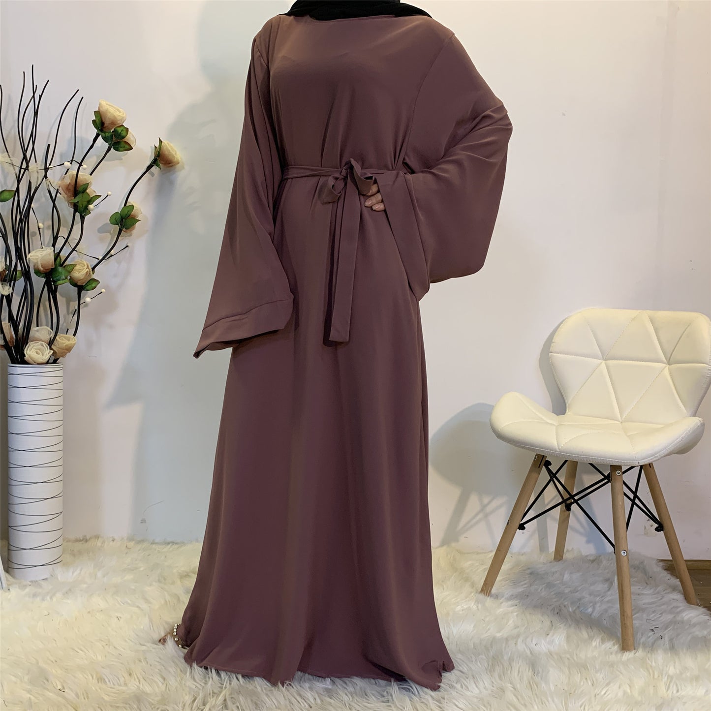 Solid Color Plus Size Lace-Up Muslim Dress - Modest Fashion