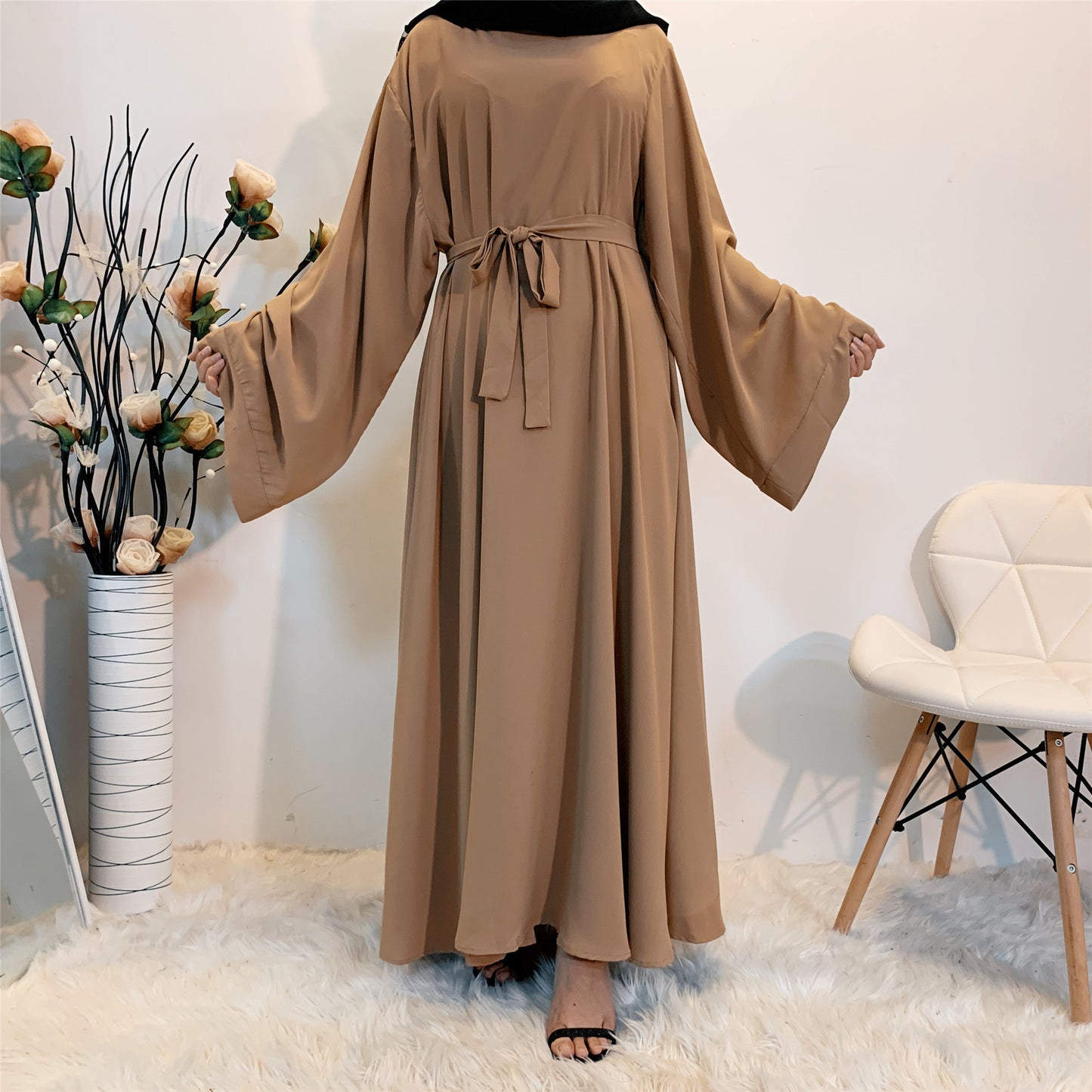 Solid Color Plus Size Lace-Up Muslim Dress - Modest Fashion