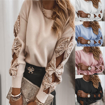 Embroidered Sequin Stitching Long-Sleeved T-Shirt