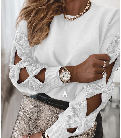 Embroidered Sequin Stitching Long-Sleeved T-Shirt