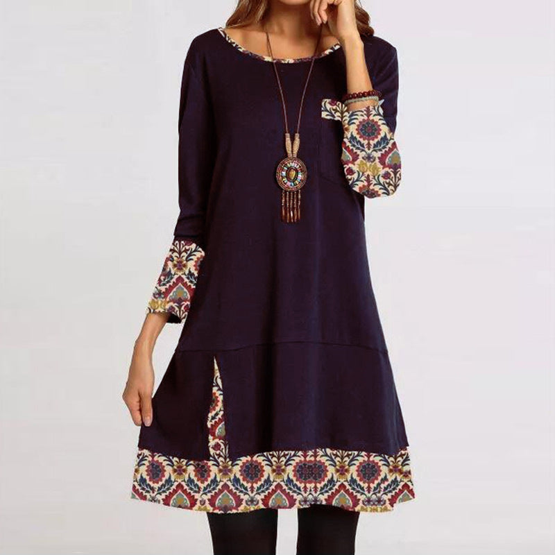 Retro Stitching Print Round Neck Long Sleeve Dress