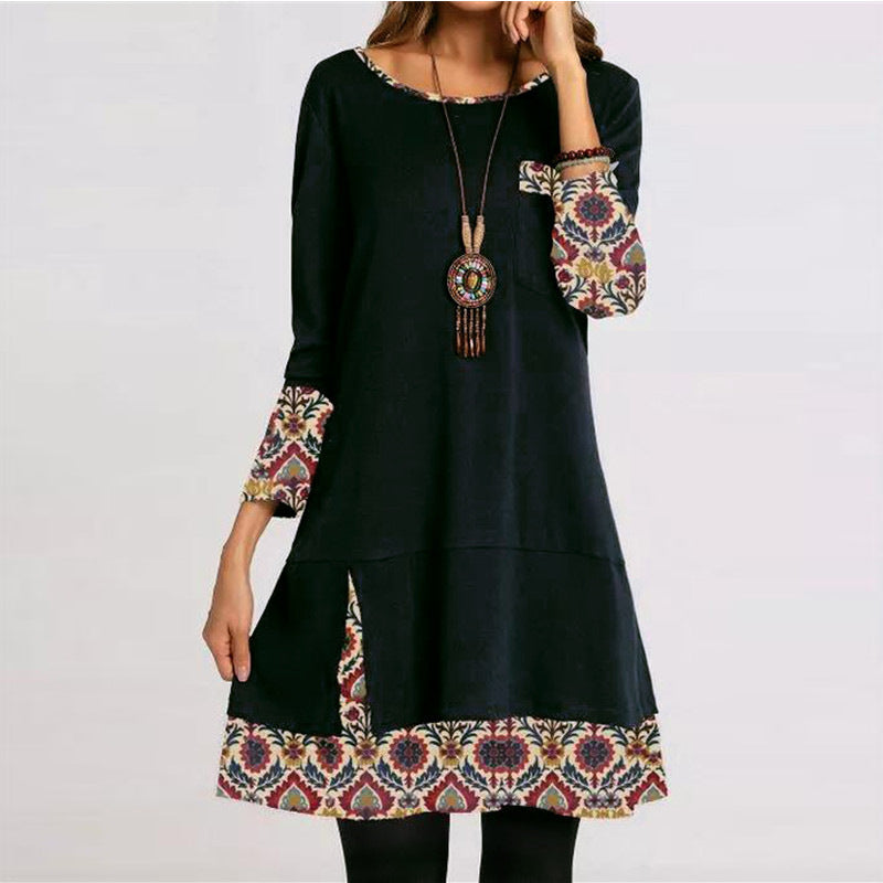 Retro Stitching Print Round Neck Long Sleeve Dress