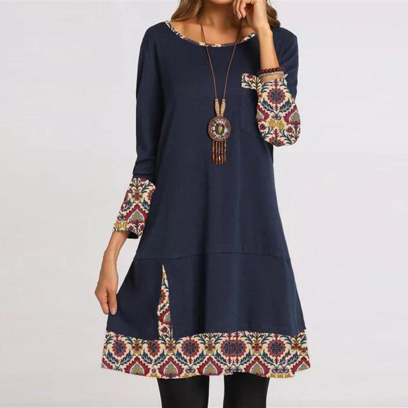 Retro Stitching Print Round Neck Long Sleeve Dress