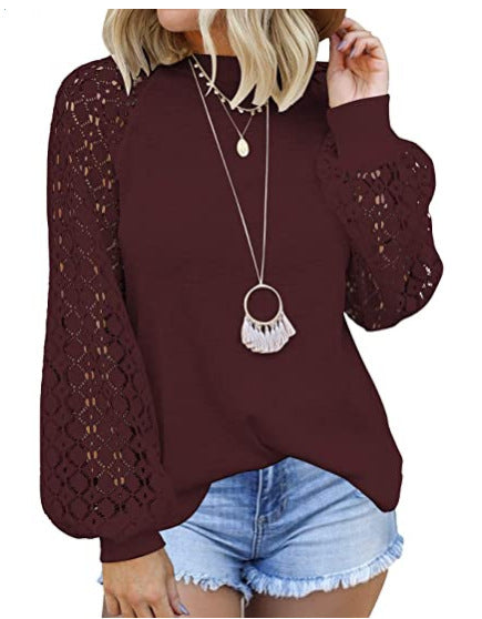 Round Collar Long Sleeves Lace Stitching Blouse Woman