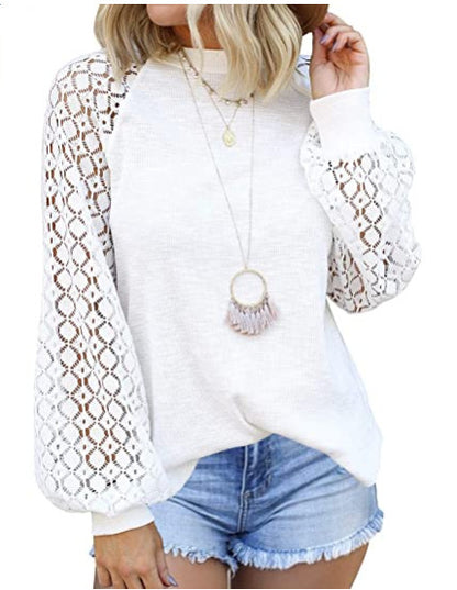 Round Collar Long Sleeves Lace Stitching Blouse Woman