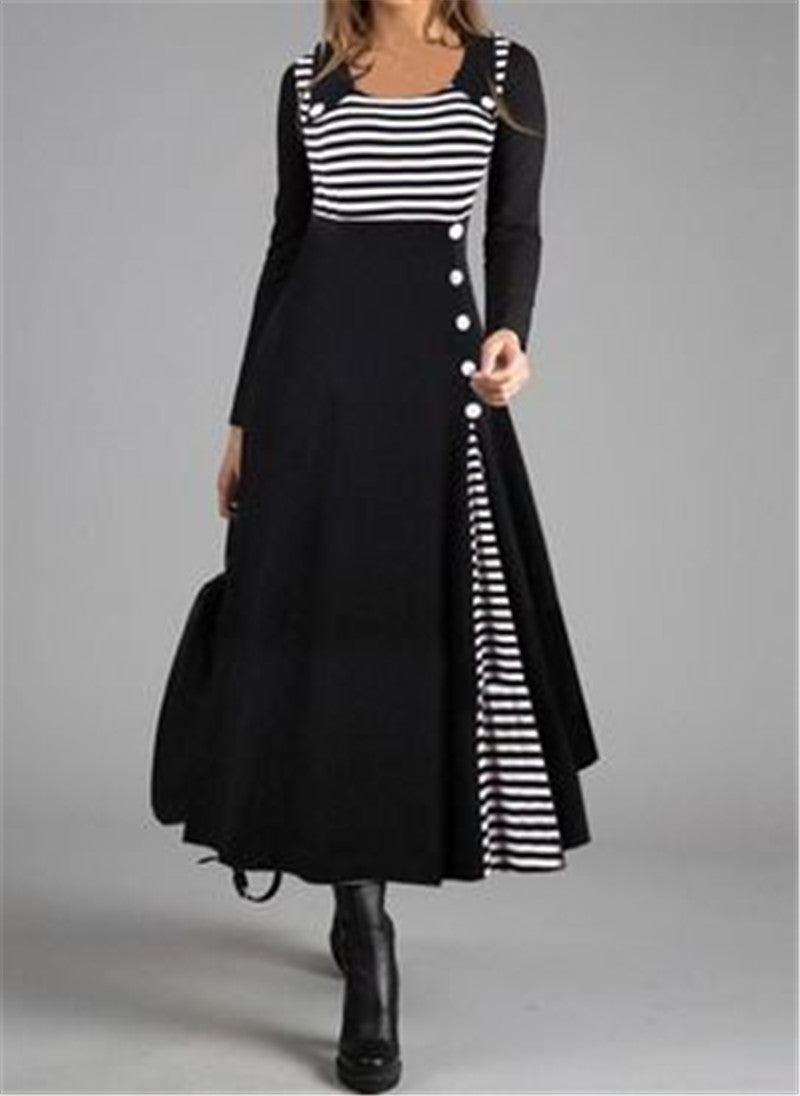 Striped Stitching Long-sleeved Doll Collar and Large Hem Dress