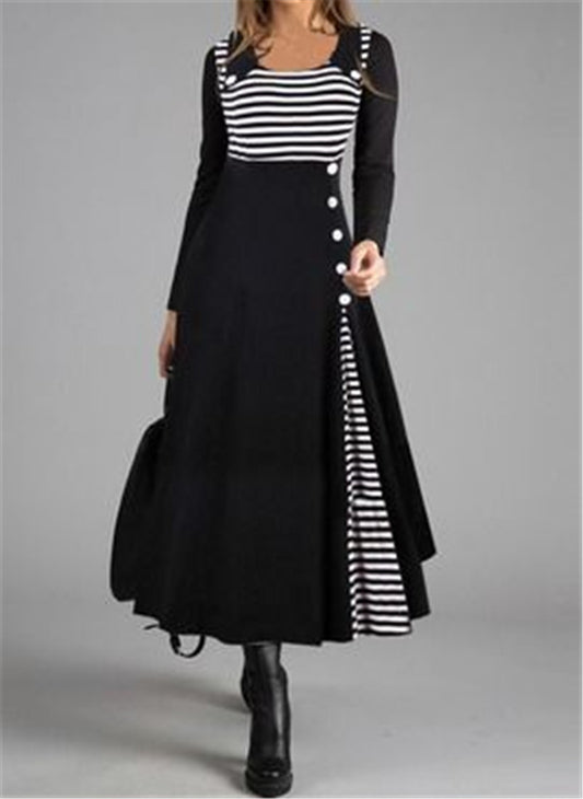 Striped Stitching Long-sleeved Doll Collar and Large Hem Dress