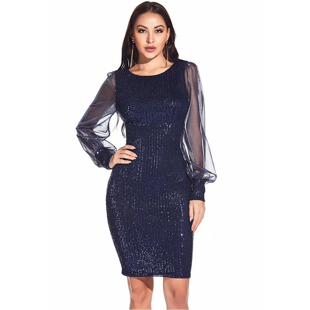 Sexy Long-sleeved Net Yarn Stitching Sequin Dress Casual Dress Women's Clothing