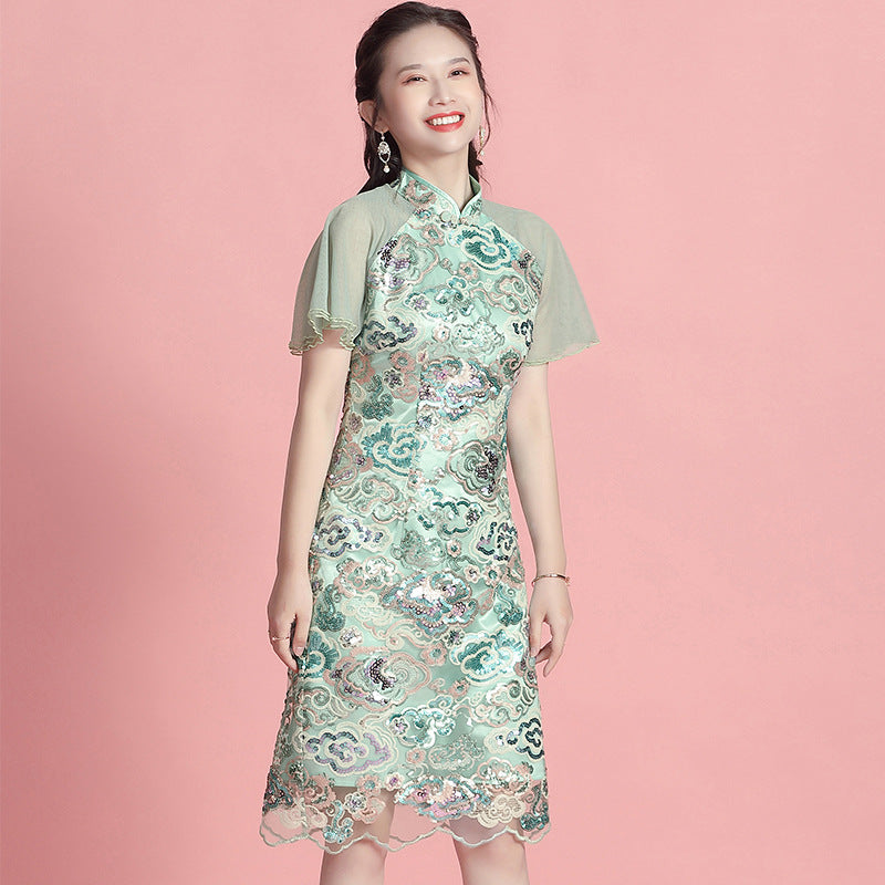 Cloud Sequin Stitching Short-Sleeved Stand-Up Collar Cheongsam Dress