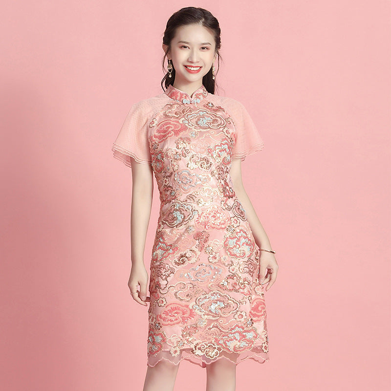 Cloud Sequin Stitching Short-Sleeved Stand-Up Collar Cheongsam Dress