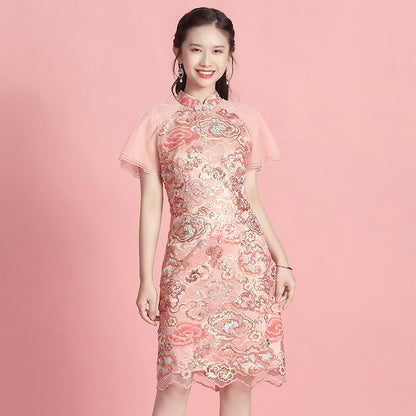 Cloud Sequin Stitching Short-Sleeved Stand-Up Collar Cheongsam Dress