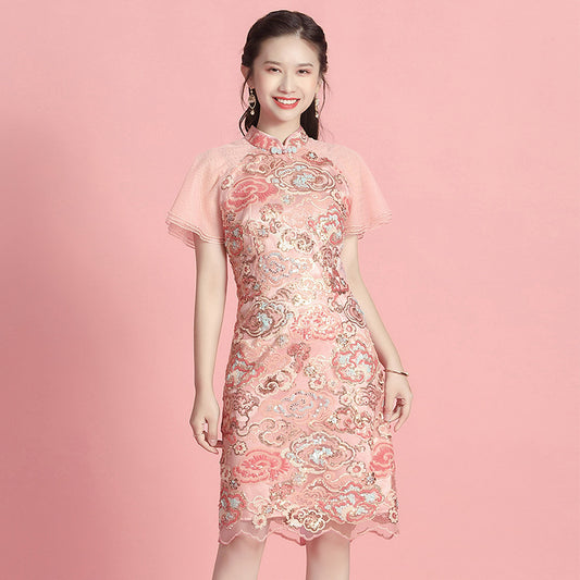 Cloud Sequin Stitching Short-Sleeved Stand-Up Collar Cheongsam Dress