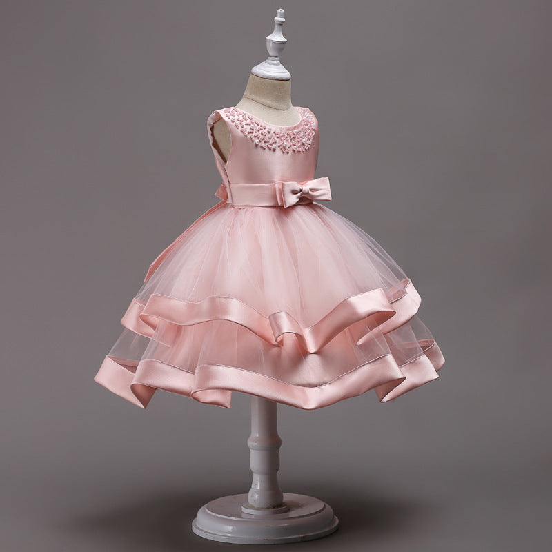 Girls' Satin Princess Dress, Little Host, Pettiskirt, Flower Girl Dress, Hand-Beaded Multi-Color Performance Costume