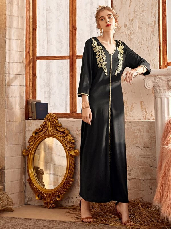 New V-Neck Ramadan Long Skirt Muslim Embroidered Dress Dress